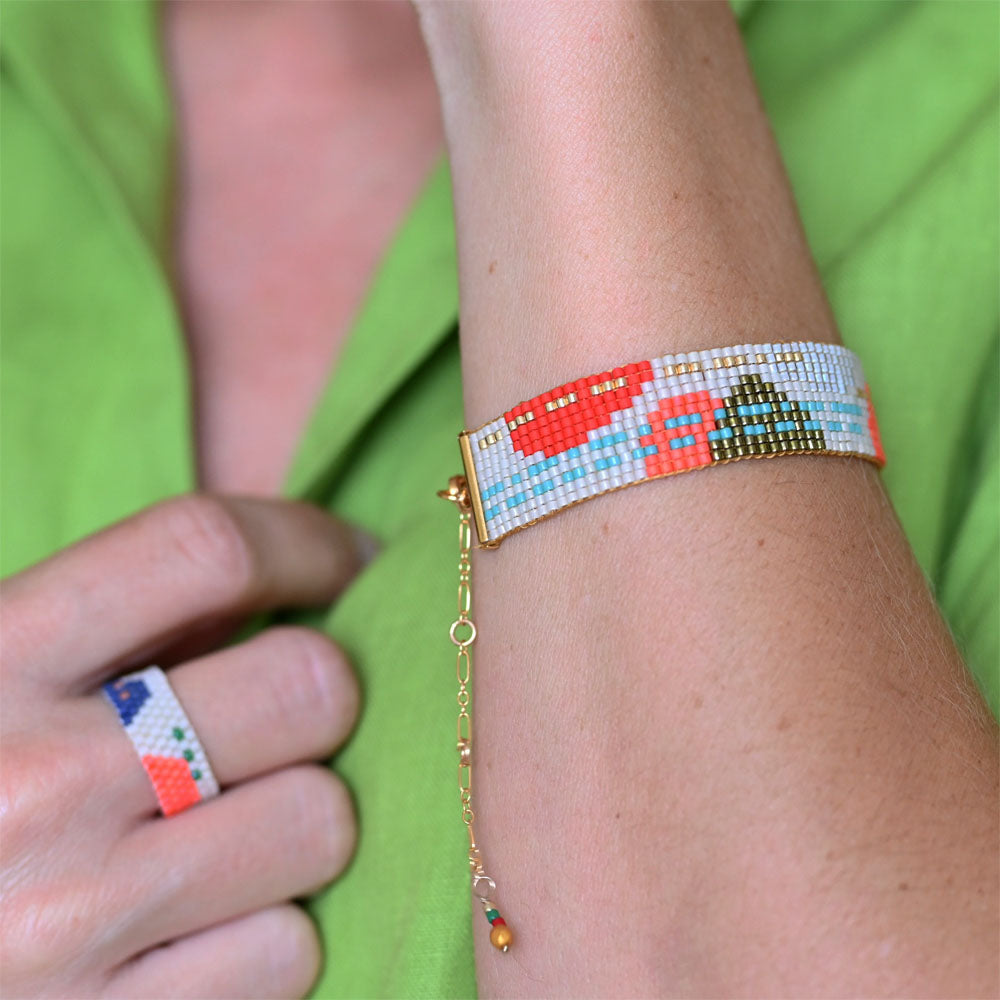 Combination of Naronna handmade woven bracelet and ring with colourful pattern