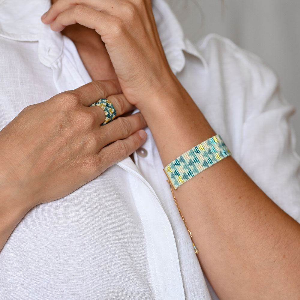 Naronna handmade woven Veronica Ring with colourful pattern