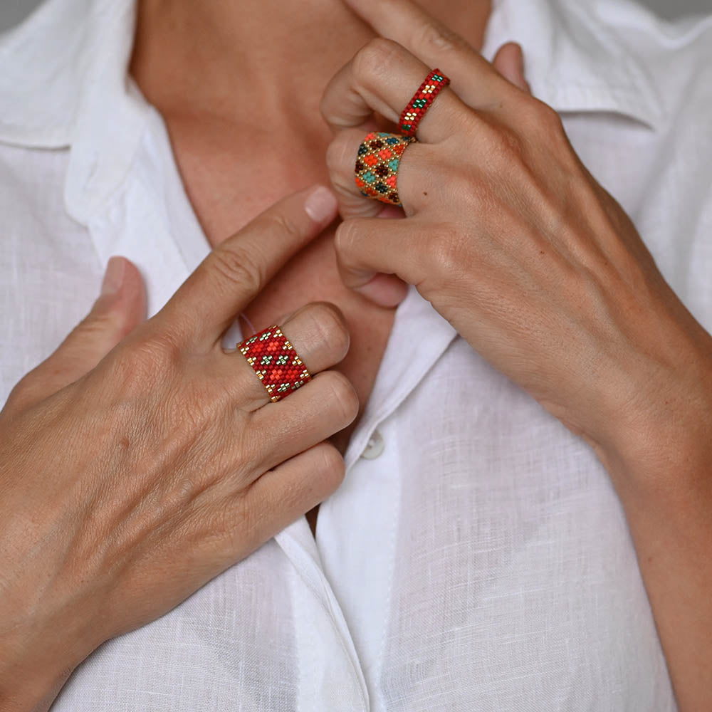 Naronna handmade woven Ezra Ring with colourful pattern